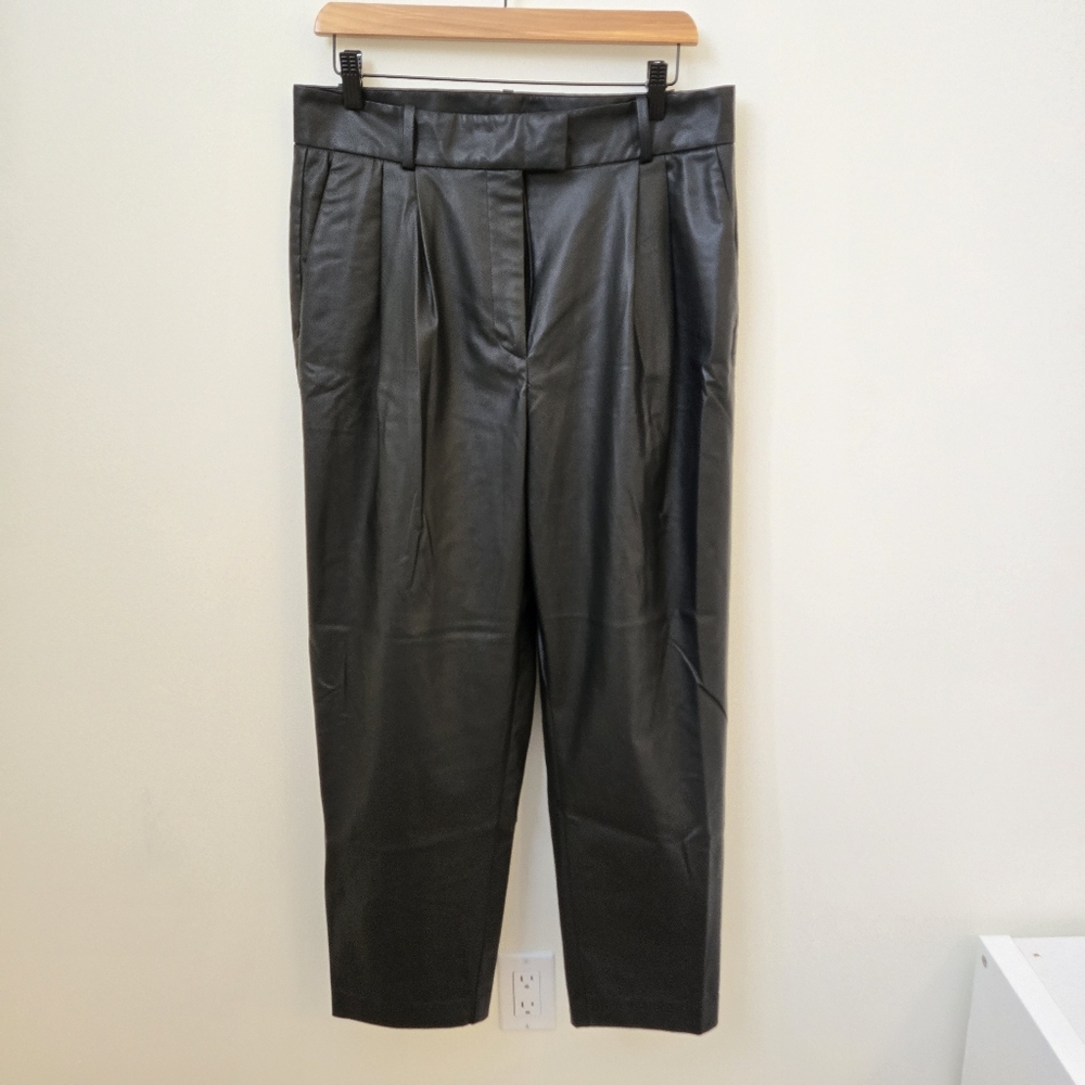 H&M Faux Leather Pleated Trousers Size 12 Black High Rise Straight Leg Pants